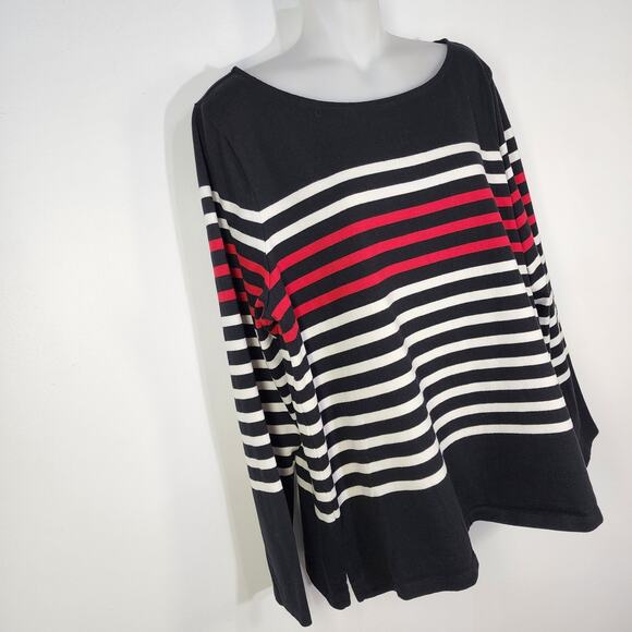 Talbots Tee Womens Size XL Black Red Striped 100% Cotton Long Sleeve Knit Round - Picture 4 of 8